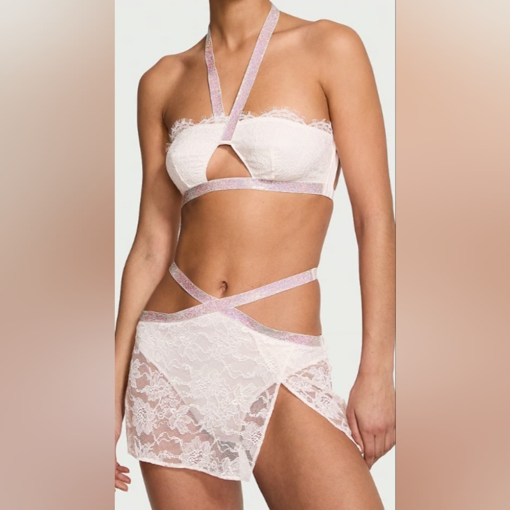 XL Victoria's Secret Shine Strap Lace Bralette Skirt Lingerie Set Coconut White